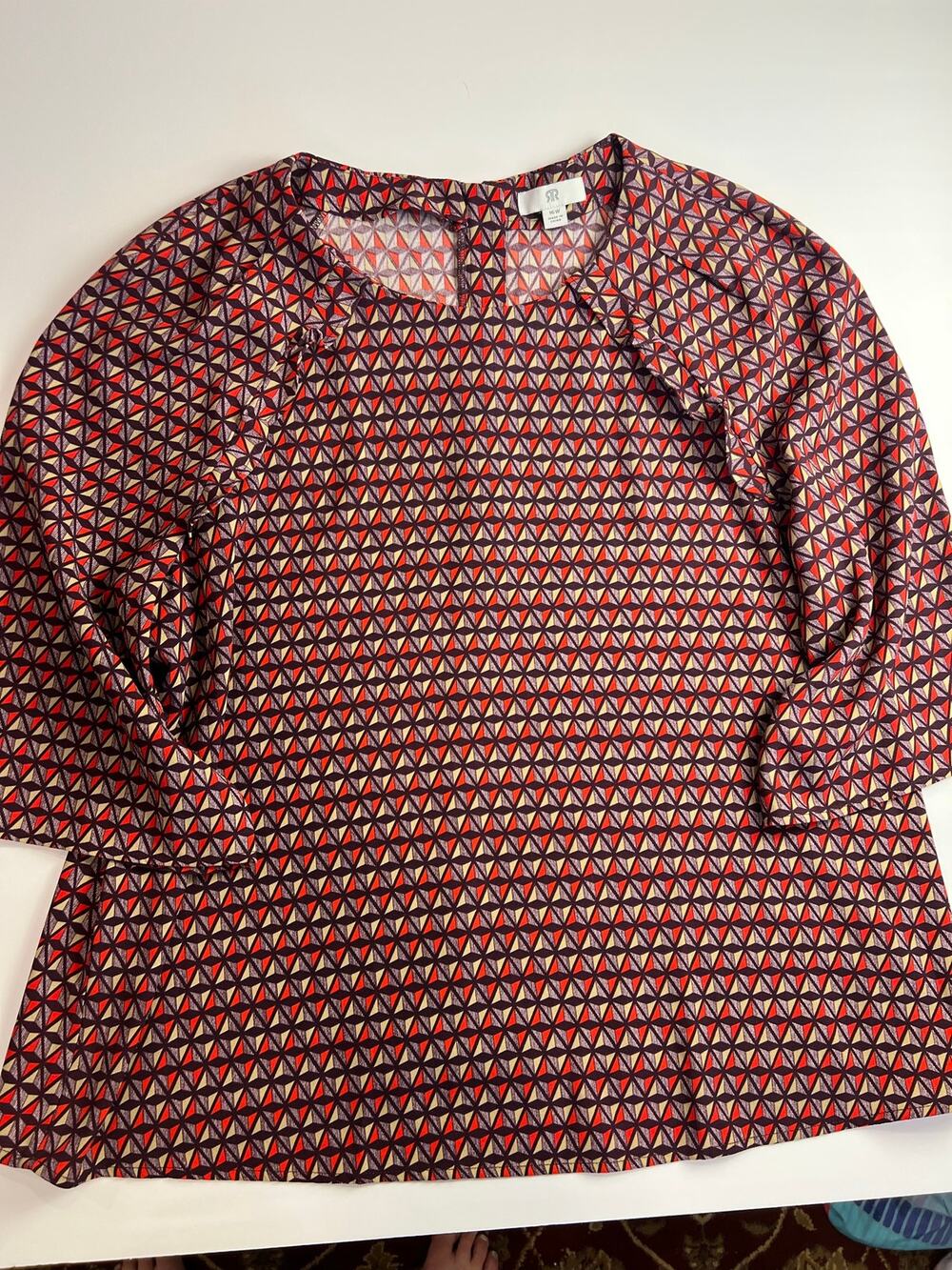 AR Geometric Tunic Blouse Plus Size 16W Burgundy Orange Retro Pattern 3/4 Sleeve